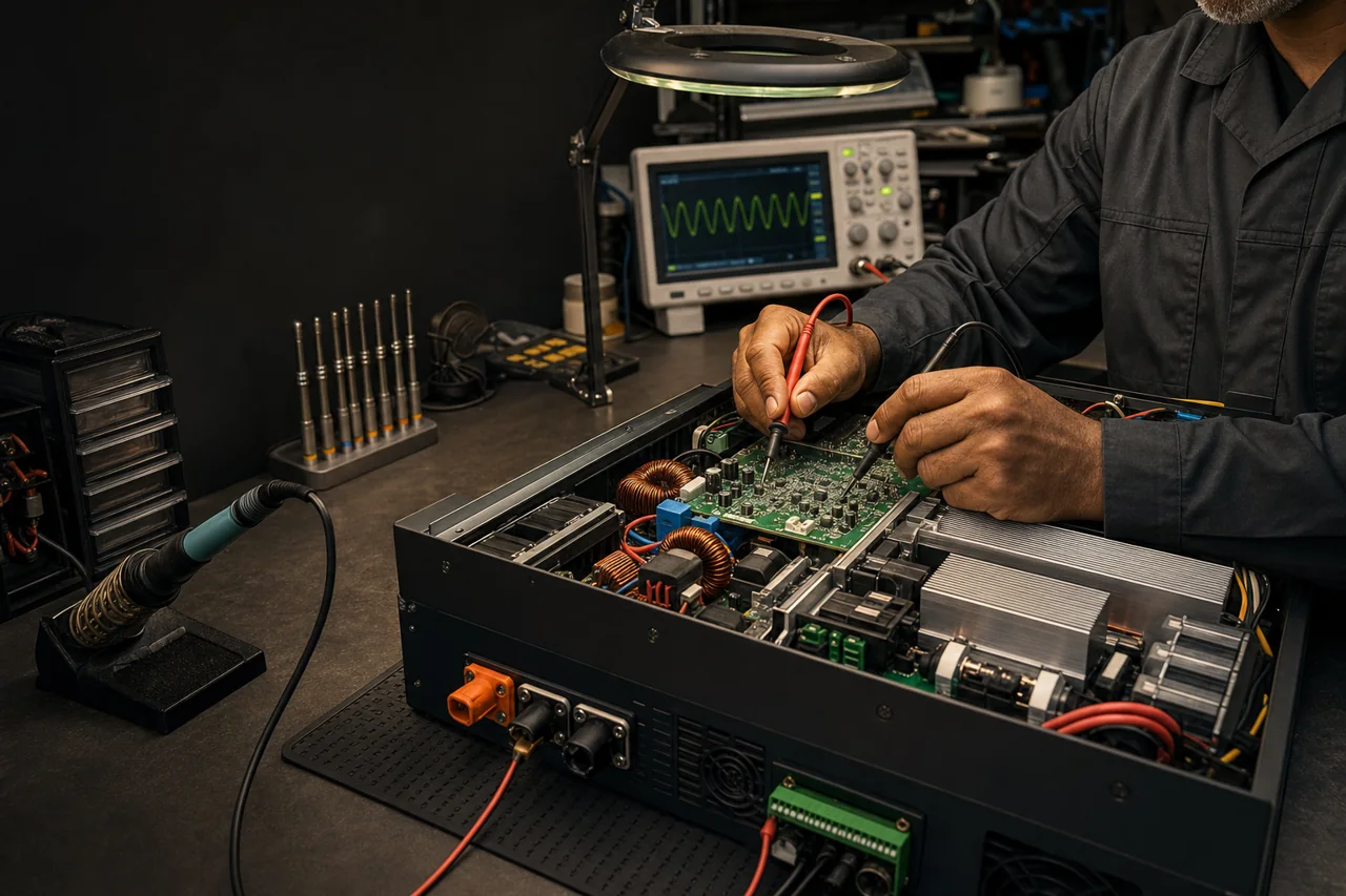 Concept visual of a technician diagnosing an inverter circuit board at a specialist electronics bench