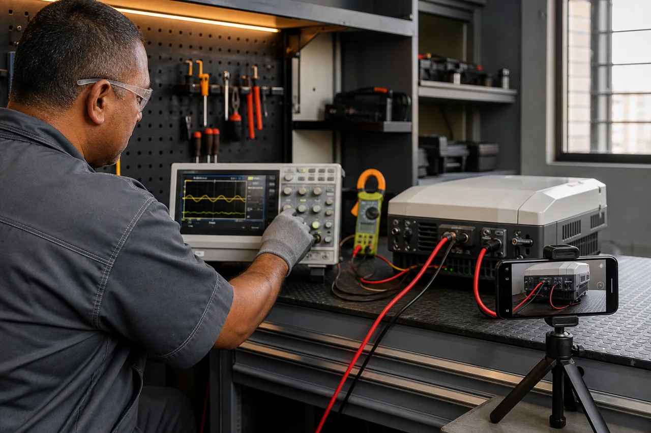 Concept visual of a repaired inverter being tested while completion evidence is recorded